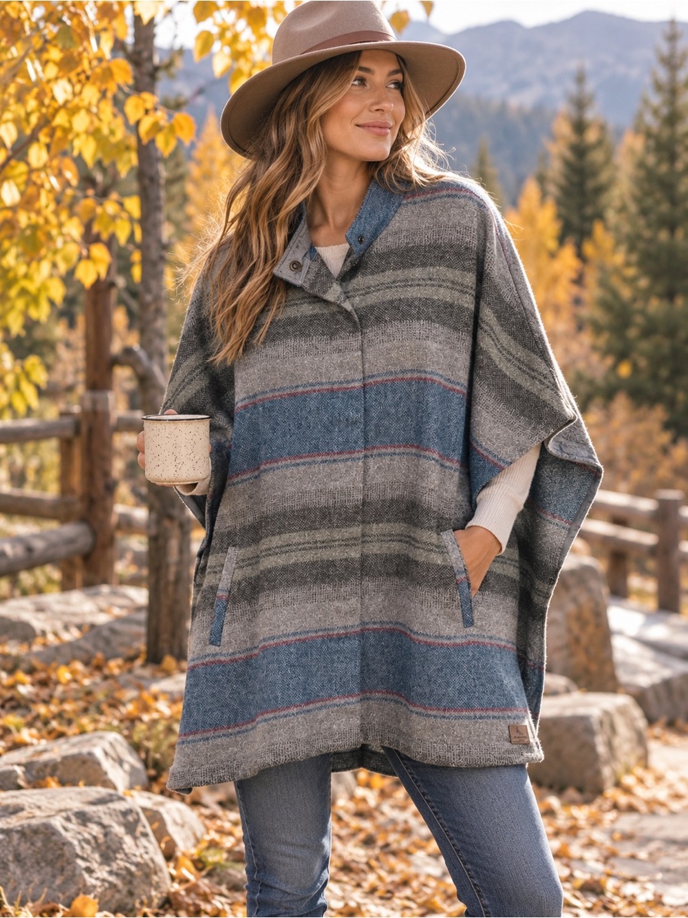 Eddie Bauer Wool Blend Striped Button Down Poncho Women's XL